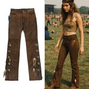 Vintage Ralph Lauren Suede Leather Fringe Pants Western Concho Lace Up Boho NWT
